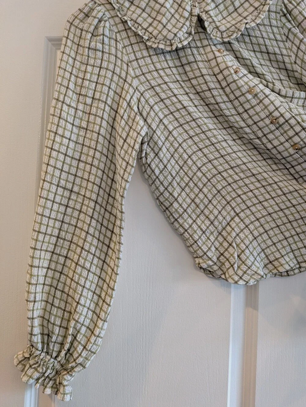 Anthropologie Pilcro Keira Peter Pan Collar Blouse Green Plaid Lone Sleeve Sz S